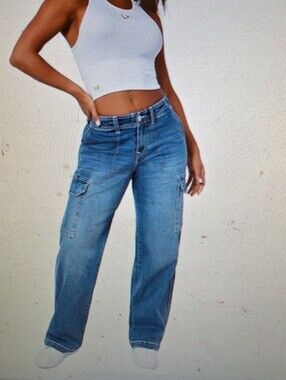 True Religion Blue Wide Leg Flare Jeans CARGO Wintry Plus Size Ladies 42 x 32